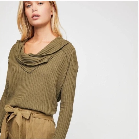 Free People Tops - Free People Size XS Green Olive Cowl Neck Wildcat Thermal Pullover Top